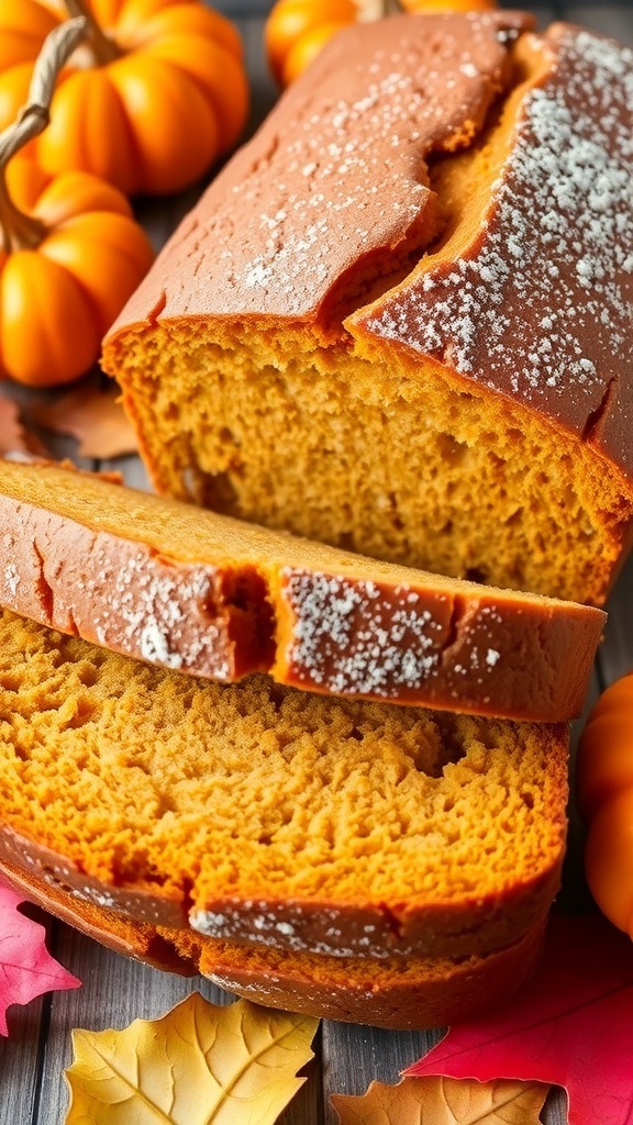 Moist pumpkin bread loaf sliced, showcasing its fluffy texture, with autumn decorations in the background.